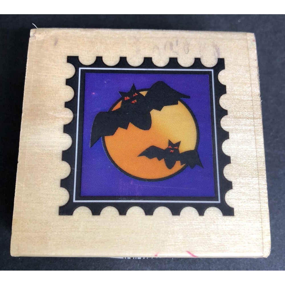 Sugarloaf Rubber Stamp Halloween Bats with Moon & Border Wood Mounted